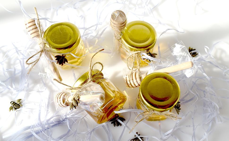 Honey Pot, Glass Honey Jars, Small Honey Jars with Wooden Dippers, Bee Charms, Gold Gift Bags and Jutes Lids, Mini Honey Jars Baby Shower Favors, 1.5oz 40 Pack