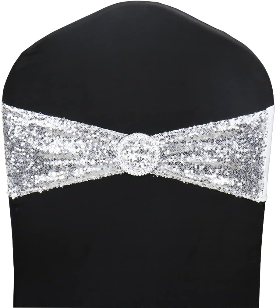 10 Pcs Chair Sashes Sequin Stretch Chair Bands Spandex Polyester Bows for Party Hotel Wedding Banquets Decoration -Silver