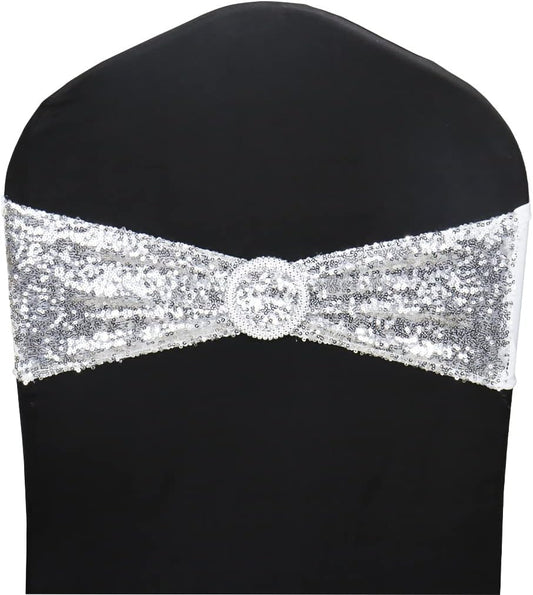 10 Pcs Chair Sashes Sequin Stretch Chair Bands Spandex Polyester Bows for Party Hotel Wedding Banquets Decoration -Silver