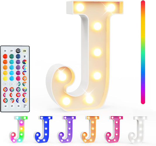 Pooqla Colorful Light Up Letters with Remote, Upgraded 35 Colors LED Marquee Letters, RGB Lighted Letter for Girls Teenager Gift, Birthday, Party, Wedding, Night Light, Room, Bedroom Decor, Letter J