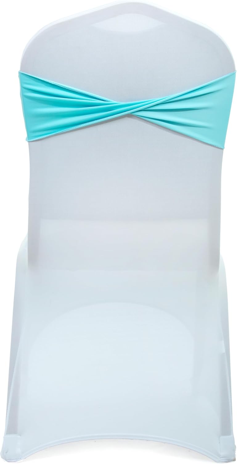 MDS Pack of 125 Spandex Chair Sashes Bows Elastic Stretch Dining Chair Bands Ties Without Slider Buckle Universal fits for Wedding Baby Shower Birthday Party Banquet Event Decoration - Aqua Blue