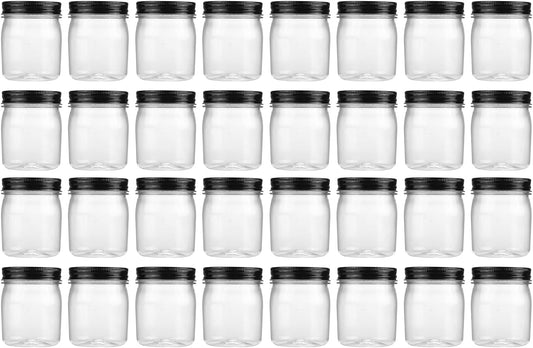 novelinks 8 oz Clear Plastic Jars with Screw-On Lids - BPA-Free Refillable Storage Containers for Slime, Spices, Crafts, Kitchen & Home Organization (32 Pack,Black)