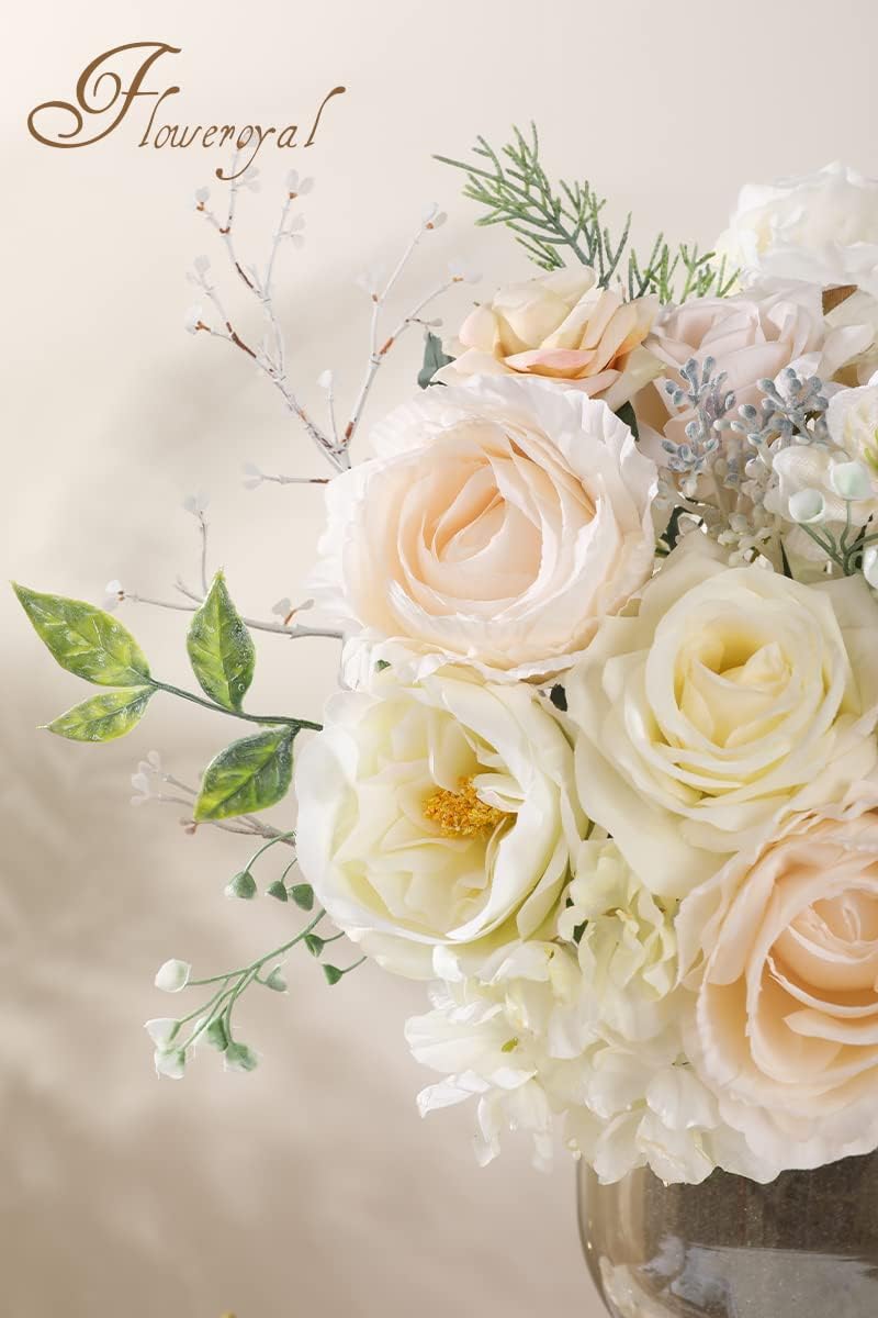 Floweroyal Artificial Flowers Combo White Flowers Mix Silk Flowers Dahlia Roses with Stems for DIY Wedding Bridal Bouquets, Baby Shower, Floral Arrangement, Table Centerpieces, Home Decorations.