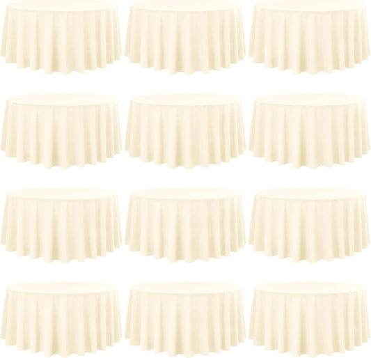 12 Pack 120 Inch Round Tablecloth, Beige Polyester Fabric Table Cloth for Round Table, Washable Tablecover for Wedding Party Dining Buffet Banquet Restaurant and Camping