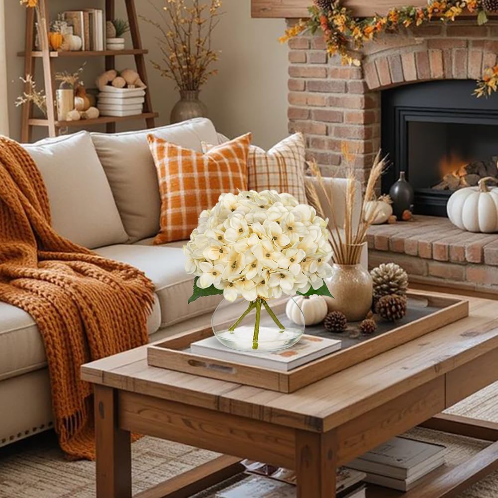 Hollyone Fall Hydrangea Artificial Flowers for Decoration with Glass Vase White Silk Fake Flower Arrangements with Faux Water Autumn Table Centerpiece Vase with Flowers Fall Decorations for Home