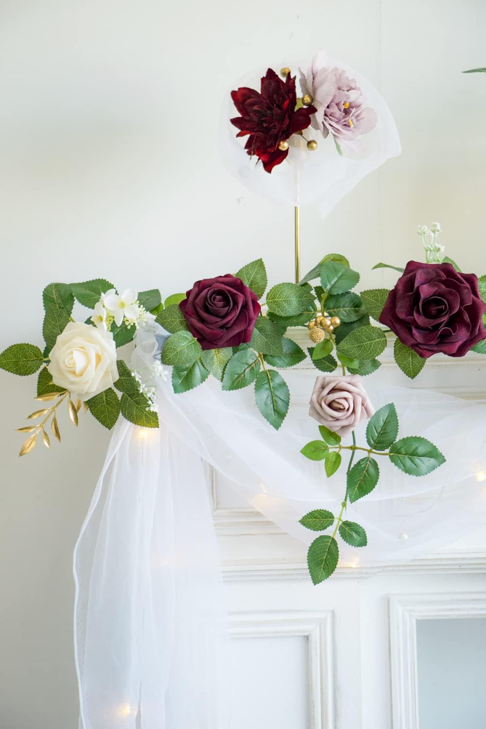 PONATIA 5FT Handcrafted Burgundy Artificial Rose Garland, Dusty Rose Flowers for Wedding Ceremony Garlands Backdrop Arch, Christmas Decorations Table Decor