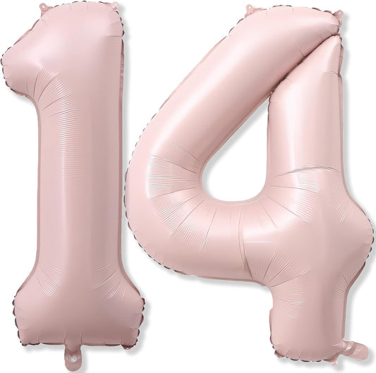 Light Pink 14th Birthday Balloon for Girls, 40'' Self Inflating Mylar Number 14 Balloons, Big Blush Pastel Pink Foil 1 & 4 Helium Balloon for Coquette 14th Birthday Party Decorations Anniversary