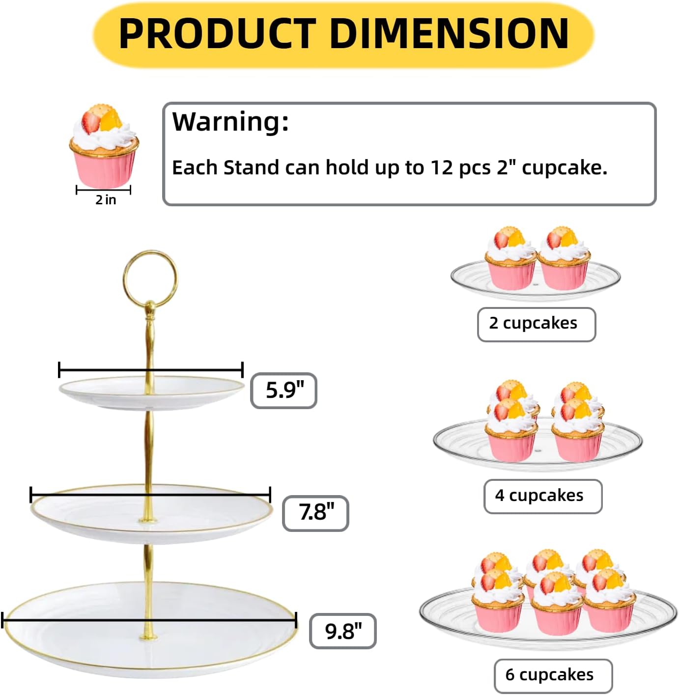 RAUVOLFIA 3 Tier Plastic Cupcake Stand, Tiered Serving Cake Stand, Round White Dessert Stand, Weddings Parties Pastry Serving Tray (2 Pack, White Plate with Gold Rim)