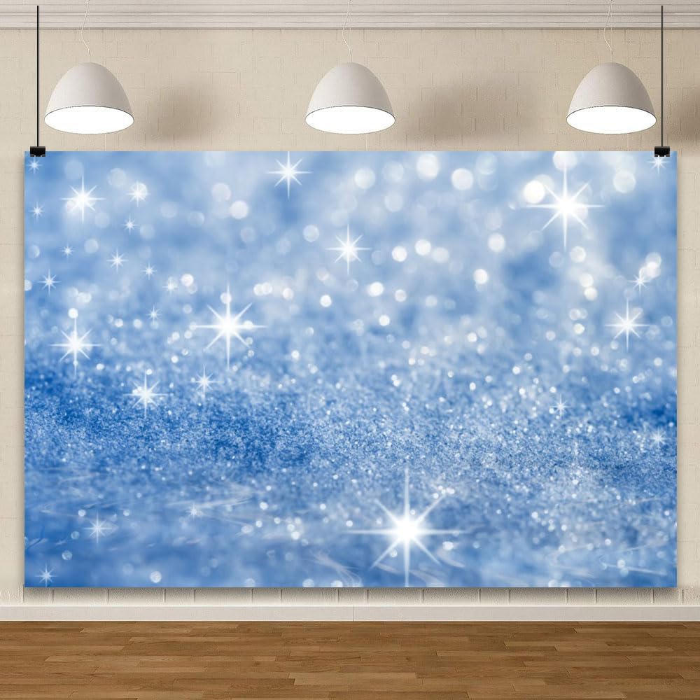 YongFoto Silver Blue Glitter Backdrop 12x8ft Silver Light Spots Blue Sequin Bokeh Photography Background Birthday Bridal Shower Wedding Photography Background Party Banner Portraits Photoshoot Props