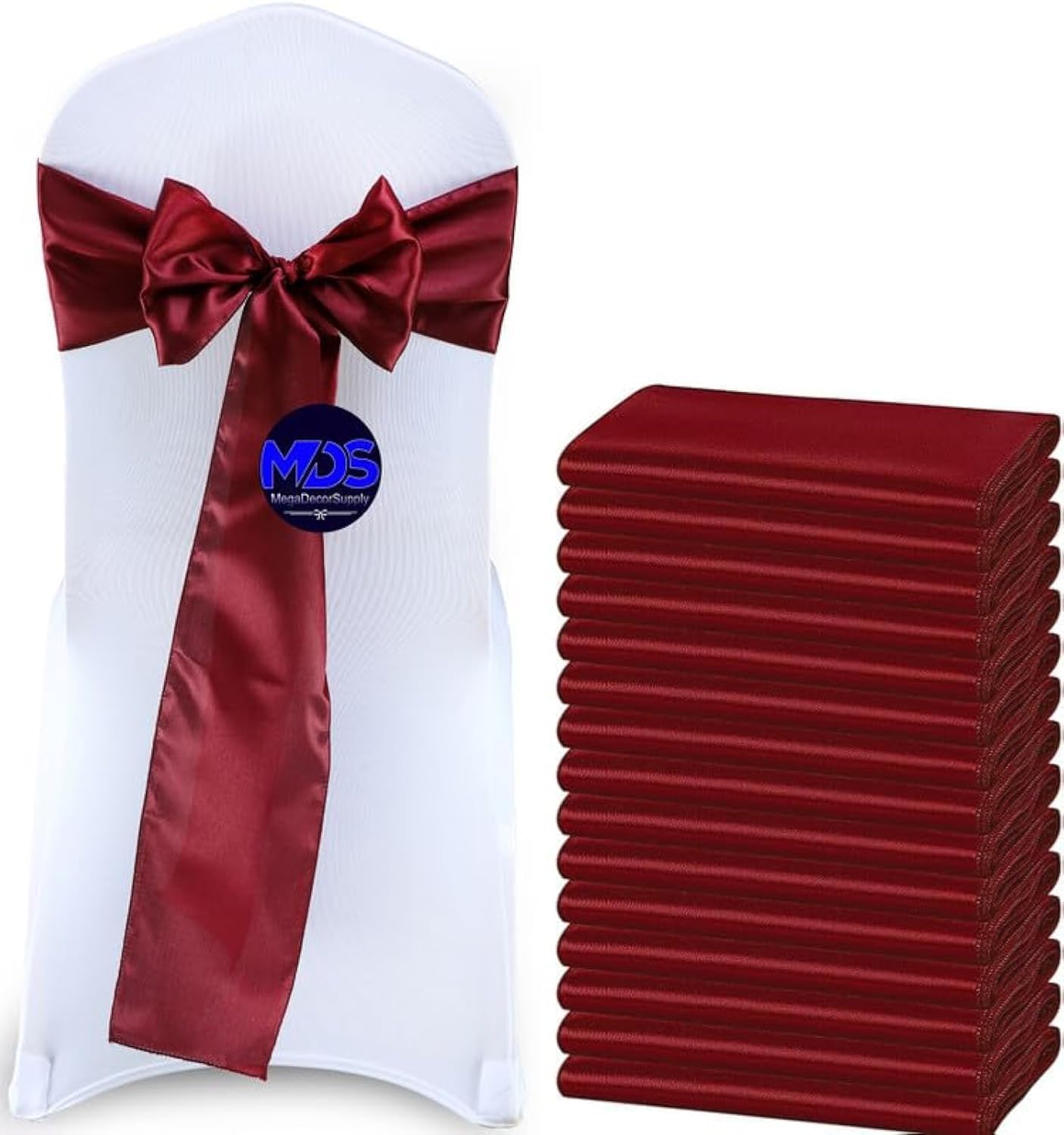 MDS Pack of 25 PCS Satin Chair Sashes Charmeuse Sateen Dining Chair Bows Ribbon Ties Back Sash for Wedding Party Birthday Home Hotel Restaurant Banquet Decoration (7 x 108 Inch, Maroon)
