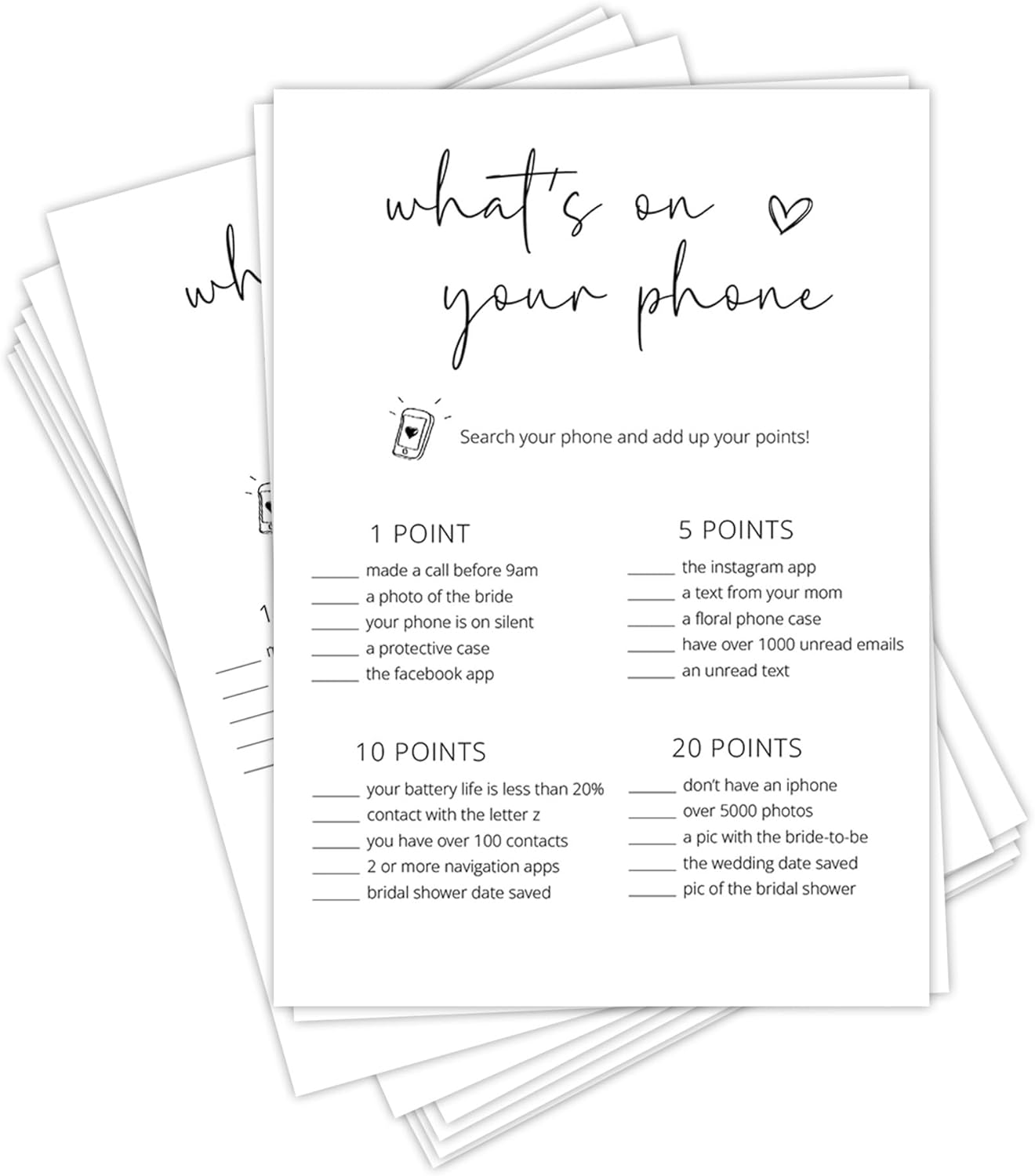 Bridal Shower Games, What's On Your Phone, 25Pcs Minimalist White Double-Sided Bridal Game Cards, Wedding Shower Games for Guests, Engagement Bachelorette Party Supplies - A17