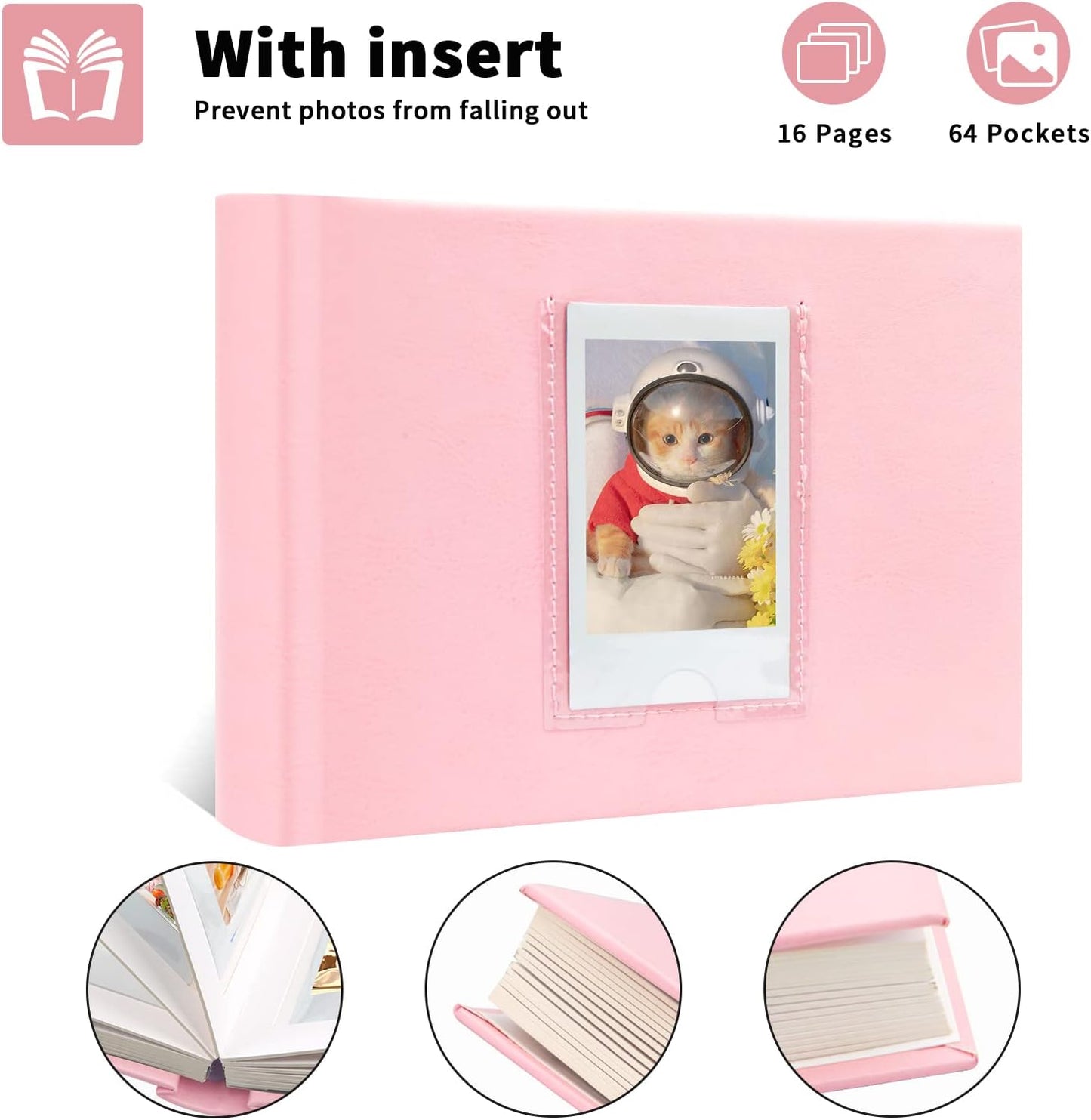 64 Pocket Mini Photo Album with Writing Space,Faux Leather Cover, Compatible with 2x3 Inch Polaroid Pictures and Fujifilm Instax Mini 12 11 9 99 8 7+ 40 Evo Instant Film (Pink)