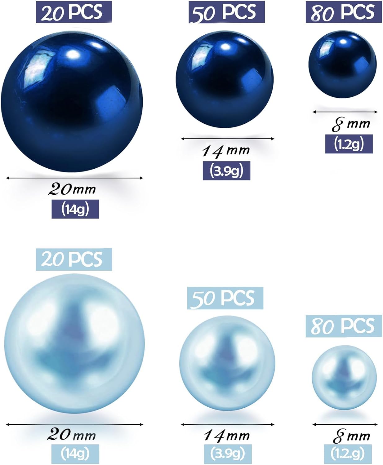 300Pcs Navy & Light Blue Polished No Hole Faux Pearl Beads for Vase Filling Decorations, Plastic Pearls Vase Fillers, Table Scatters, Wedding Centerpiece, Home Decor, 8/14/20 mm