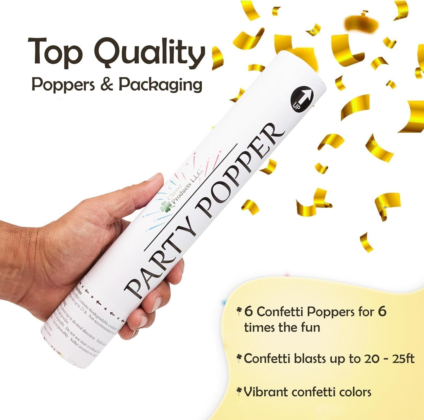 Confetti Cannons 12" – 6 Pack Gold Mylar Confetti Poppers | Party Poppers for Weddings, Birthdays, Graduations & Events | Air-Powered, Safe & Easy to Use | Shoots 25 Feet Indoor & Outdoor