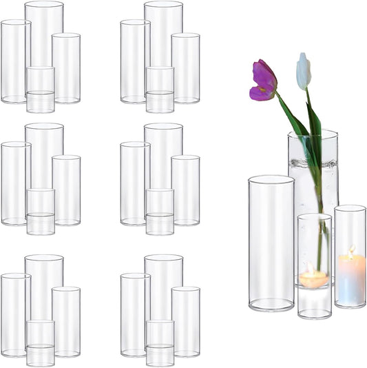PHOSPHOR 24 PCS Glass Candle Holder - Hurricane & Pillar Candle Holder, Clear Glass Cylinder Vase for Centerpieces, Wedding & Party Decoration