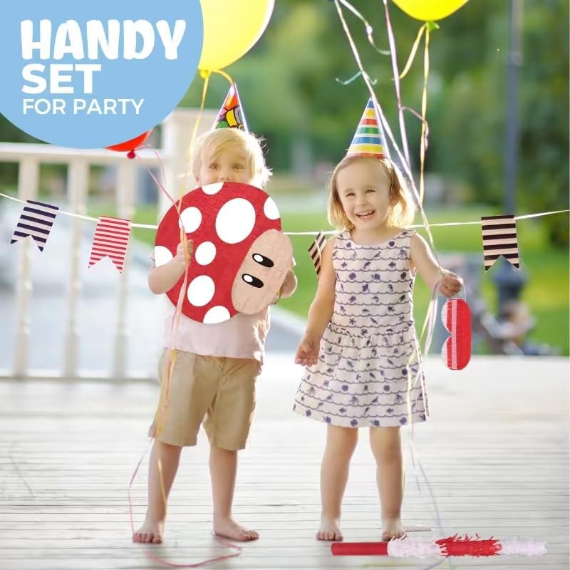 Mushroom Pinatas Bundle with a Blindfold and a Bat(16.5 x 12 x 3.5 Inches), Perfect for kid's Birthday Parties, Mexican Theme Parties, Decorations