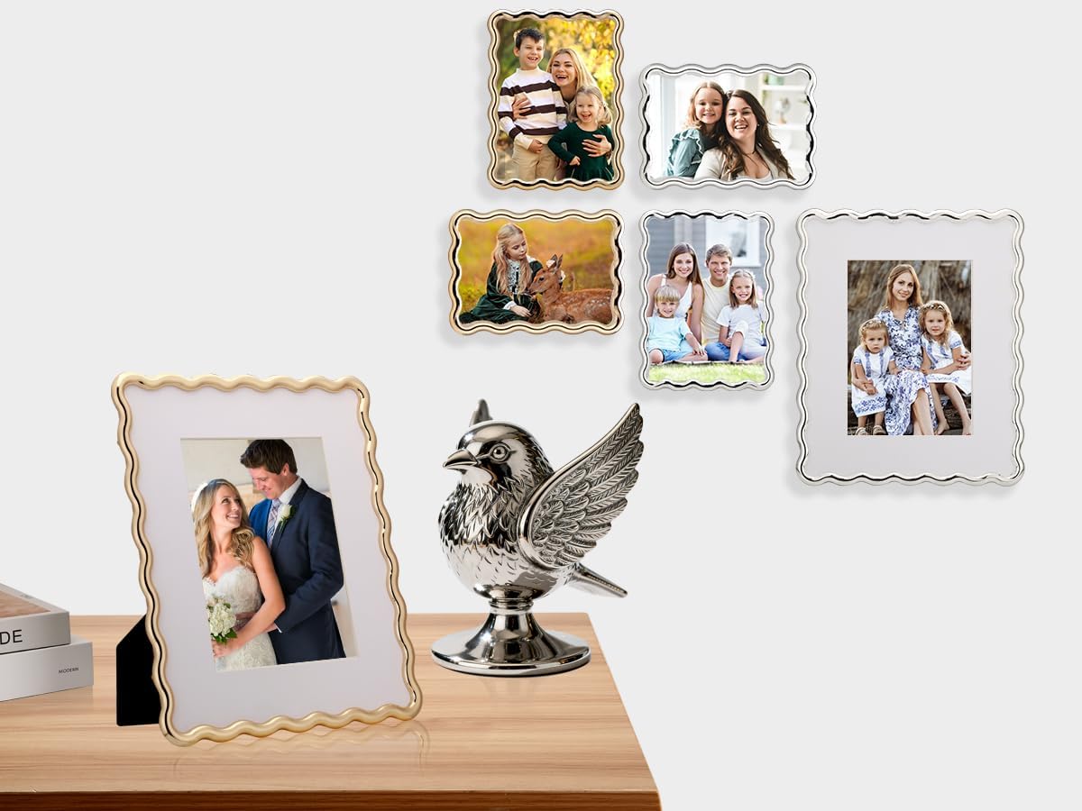 8 x 10'' Heavy-Duty Zinc Alloy Gold Photo Frames with Acid Free Mat for 5x7'',Wave Design Gold Picture Frame 8x10'' with Black Velvet Back