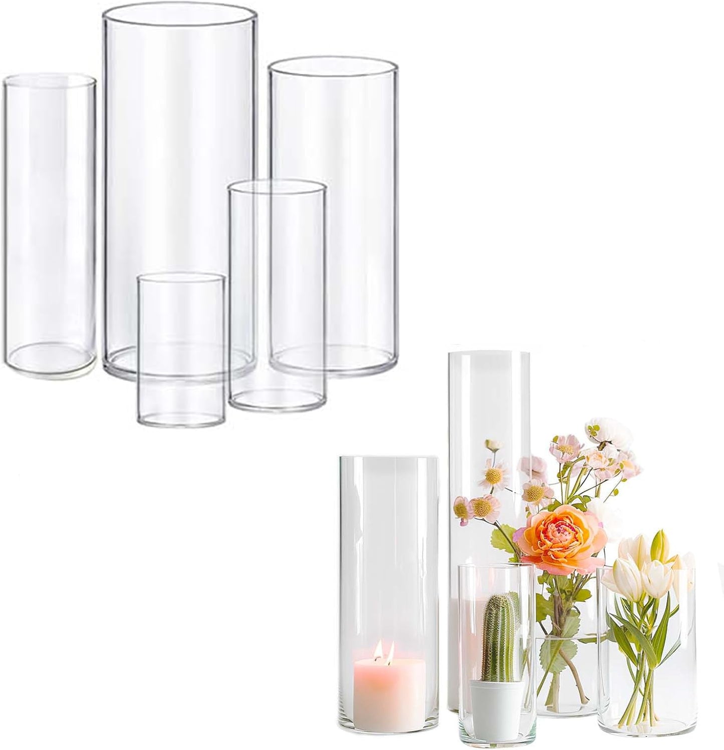 5pcs Glass Vase Cylinder Vases for Centerpieces Small Flower Glass Clear Vases Home Decor Centerpiece Table Flower Vase Decorations for Wedding Decoration＆Holiday Mixed Sizes Tall