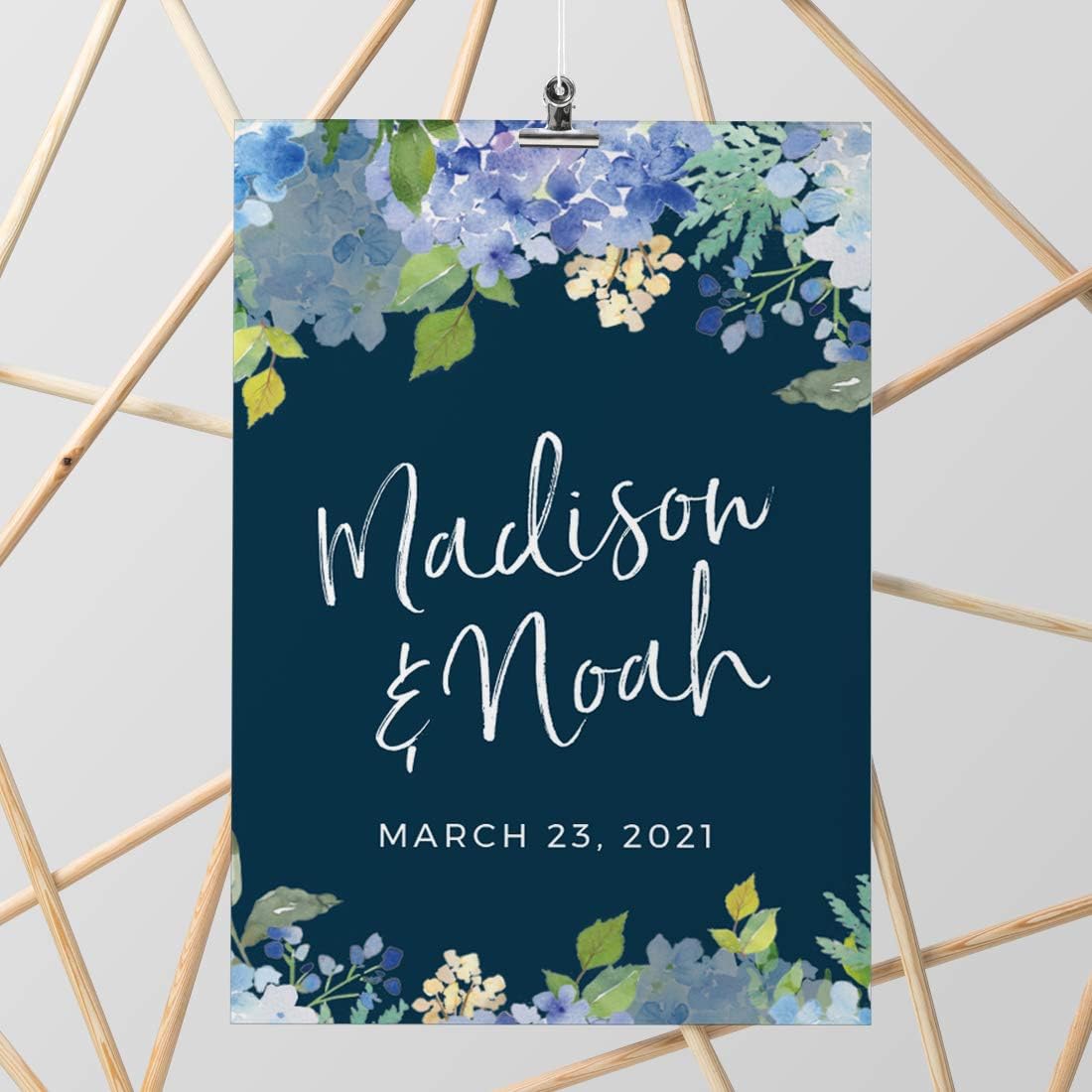 Andaz Press Personalized Extra Large Wedding Easel Board Party Sign, 12x18-inch, Baby Blue Hydrangea Floral Flowers on Navy Blue, Bride Groom Names and Date, 1-Pack, Custom