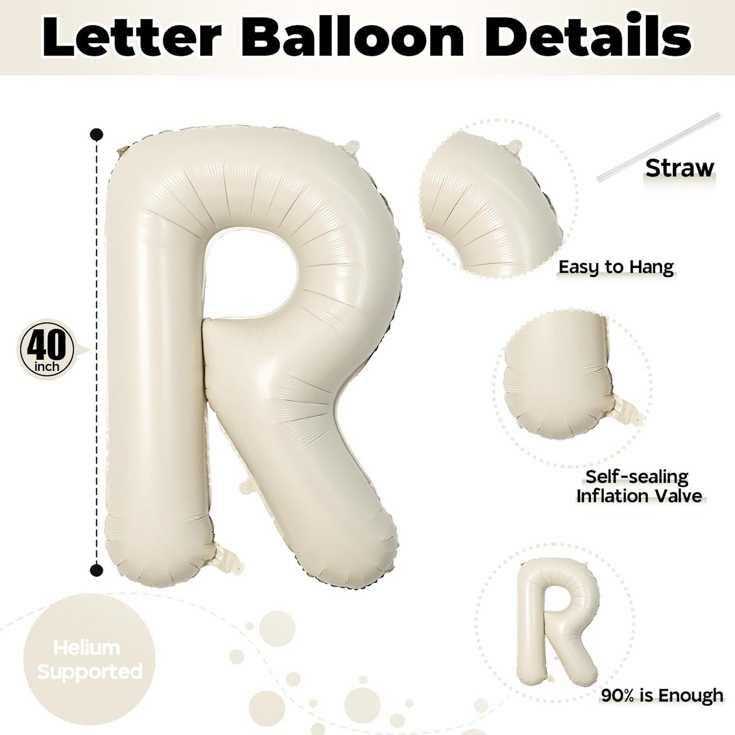 Big Alphabet Foil Word Balloons - 40 Inch Cream, Beige & White Large Inflatable Name Balloons for Women's Birthday Party Decoration