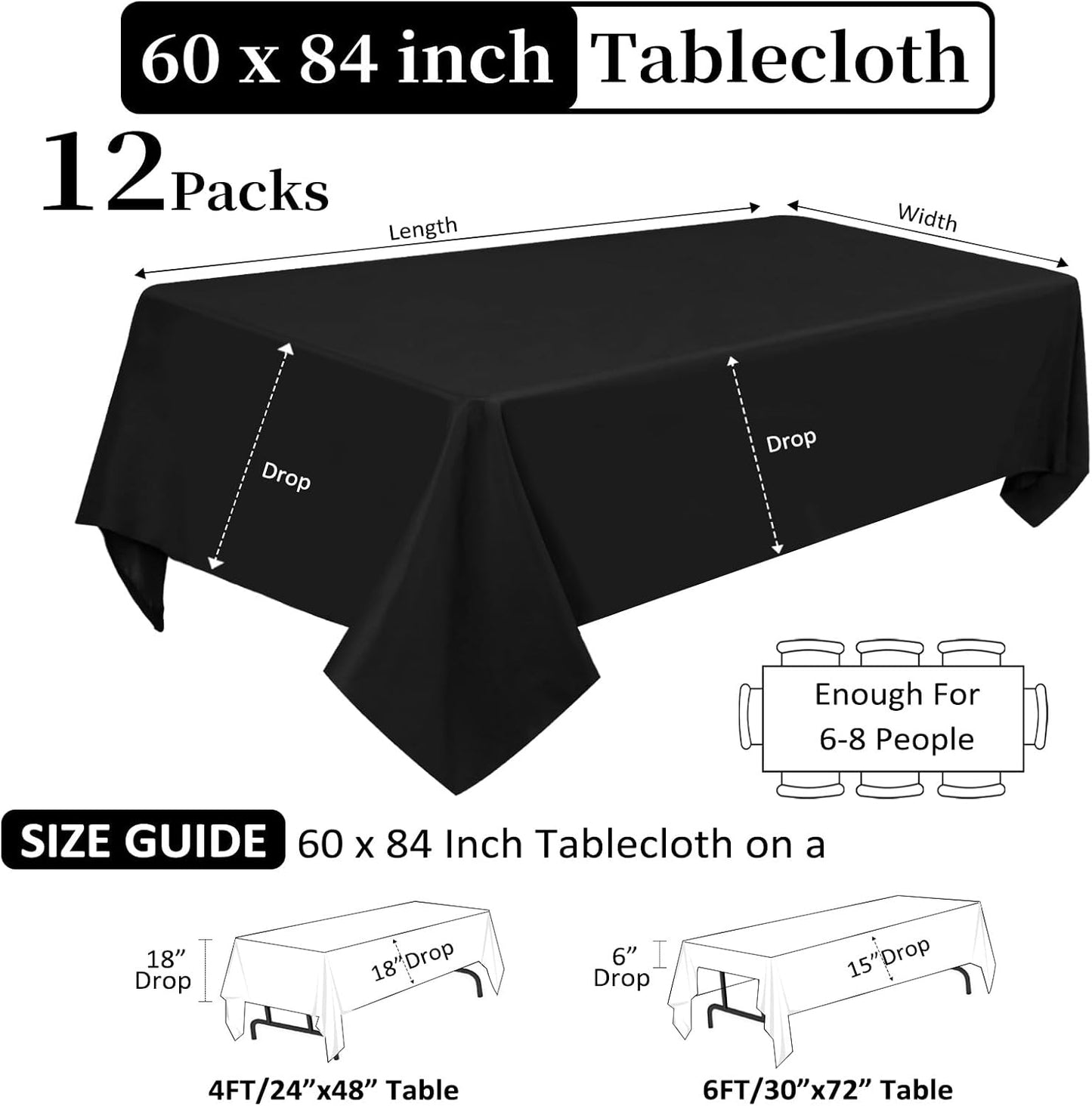 12 Pack Black Tablecloths 60 x 84 Inch Rectangular Table Cloths for Rectangle Tables 4ft, Wrinkle Resistant Black Table Cloth Washable Polyester Fabric for Buffet Wedding Party Banquet