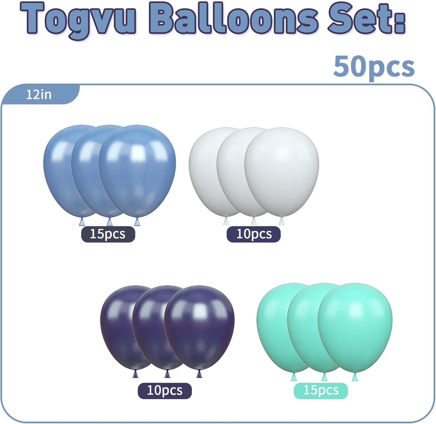 Blue White Balloons, 50 Pcs 12 Inch Teal Blue Navy Blue Light Blue Matte White Latex Balloons, Turquoise Blue White Aqua Balloon for Girls Boys Birthday Baby Bridal Shower Wedding Party Decorations