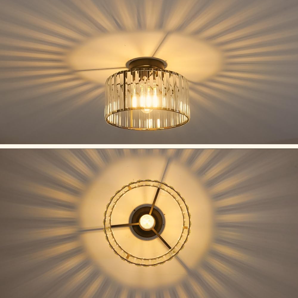 Crystal Ceiling Light Fixture, Modern Semi Flush Mount Ceiling Light, Black Close To Ceiling Light Fixtures, Crystal Chandelier Entryway Light, 11in Chandelier for Bedroom Porch Kitchen Living Room