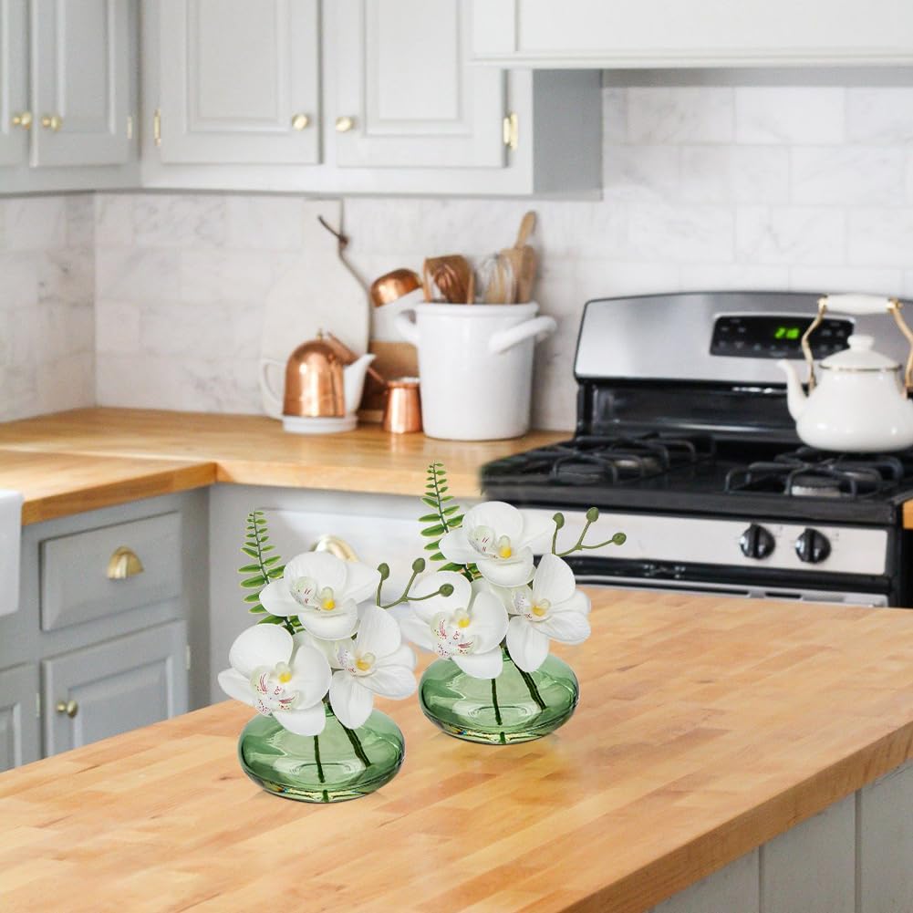 White Orchids Artificial Flowers Faux Orchids Arrangement in Light Green Glass Vases Set of 3 Real Touch Phalaenopsis Orchid Flowers Small Fake Orchid Centerpiece for Dining Room Table