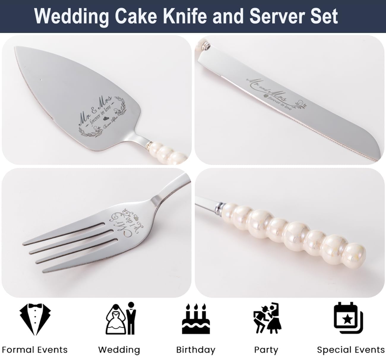 Wedding Cake Knife and Server Set, Ceramic Pearl Handle Cake Cutting Set for Wedding Gifts Bridal Shower Gifts Engagement Gifts for Couples
