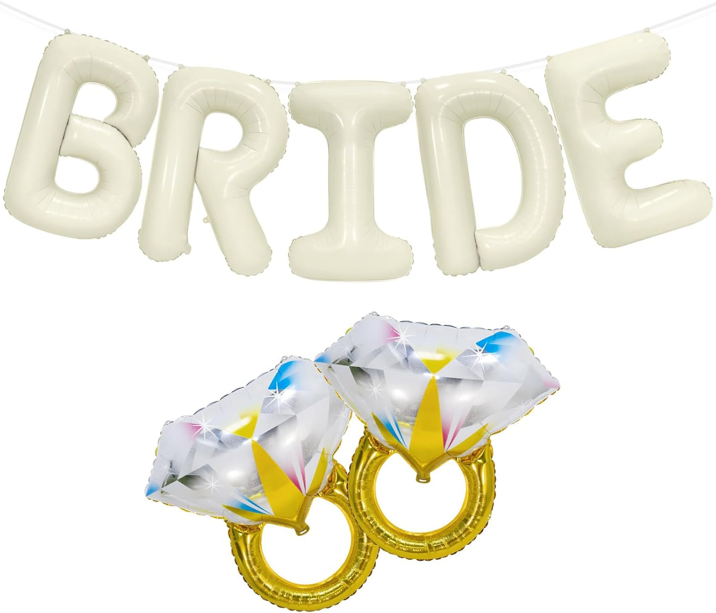 40 Inch Beige BRIDE Balloons Luxury Wedding Decor for Bridal Shower, Larger Cream White "BRIDE" Foil Letter with 2 Giant Diamond Ring Balloons, Bachelorette Engagement Wedding Party Favors