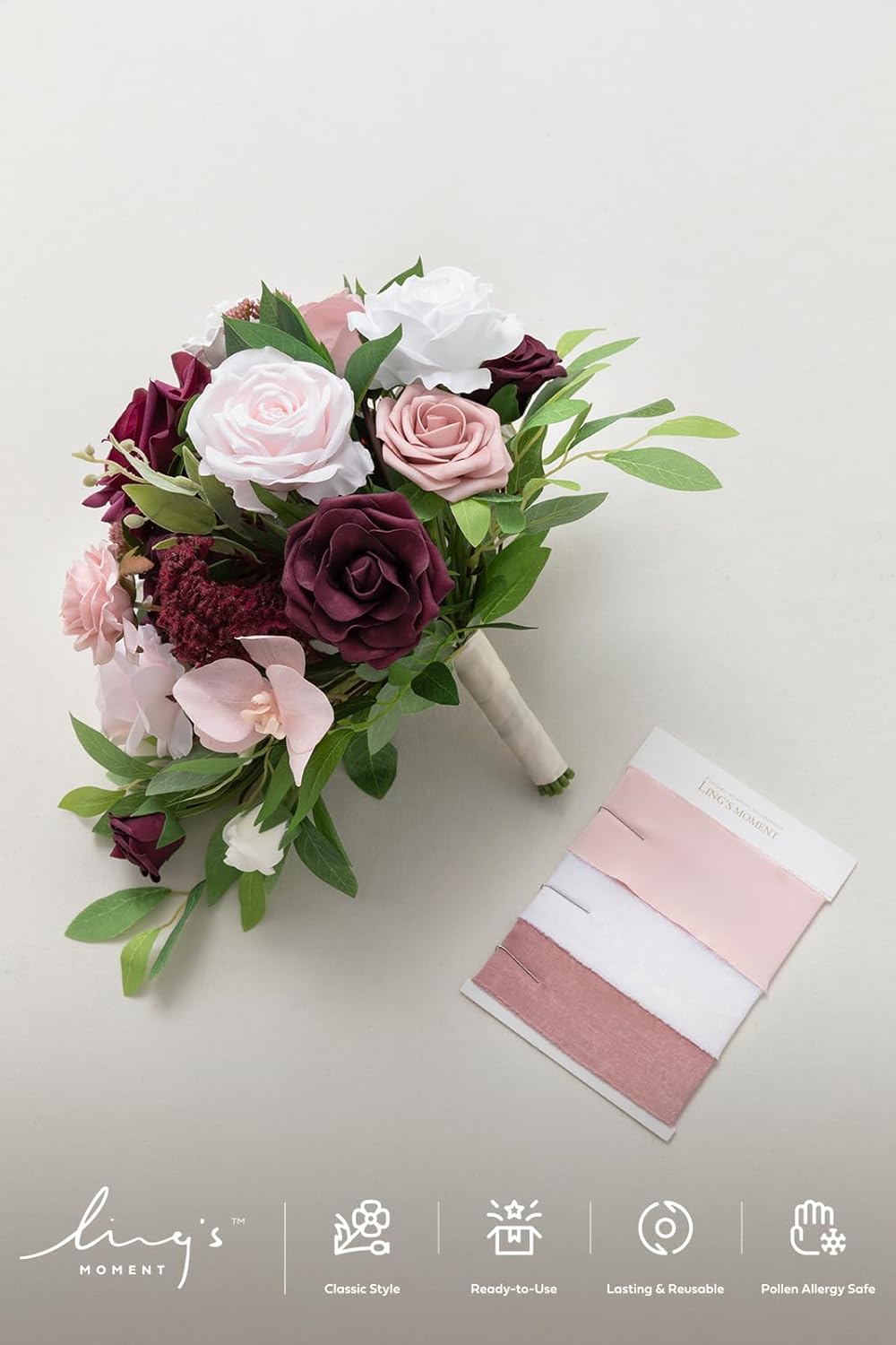 Ling's moment Burgundy Cascading Bridal Bouquet, Marsala Wedding Bouquets for Bride, 13 Inch Birde Bouquet Artificial Wedding Flower Bouquet