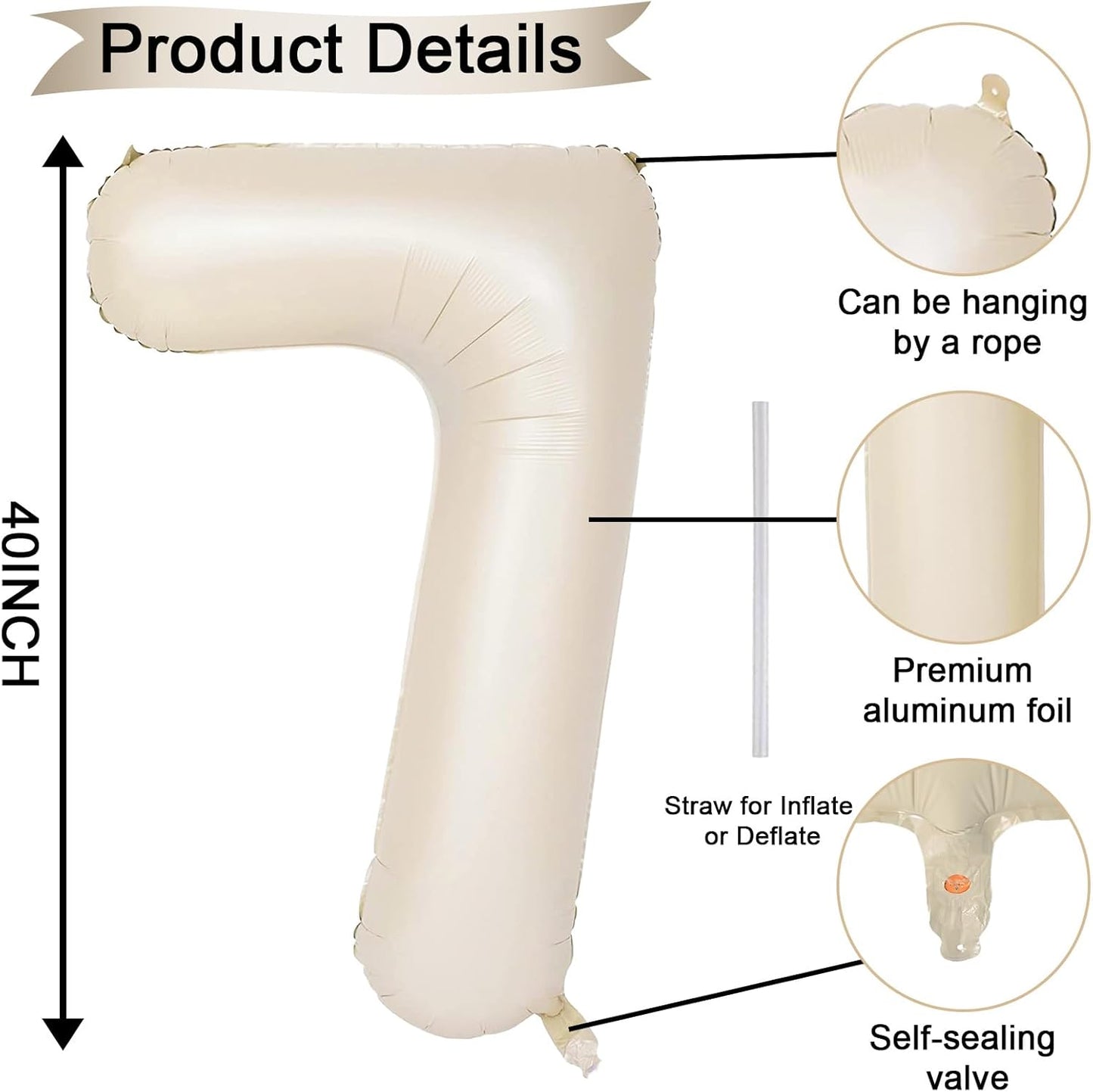 40 Inch Cream Number 7 Balloon, Beige Large Self Inflating Foil Balloons for 7th Birthday Decoration Boys Girls, Digital 7 Helium Balloon for Women Men Birthday Baby Shower Anniversary Party Supplies