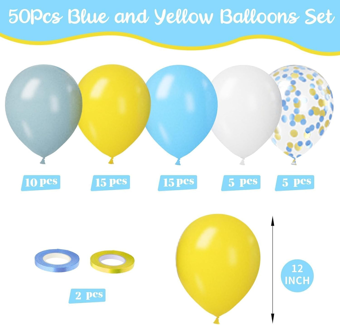 Paready 50pc Blue & Yellow Balloons - 12in Dusty Blue, White & Yellow Latex Balloons with Confetti for Boys Birthday, Baby Shower, Anniversary & Wedding