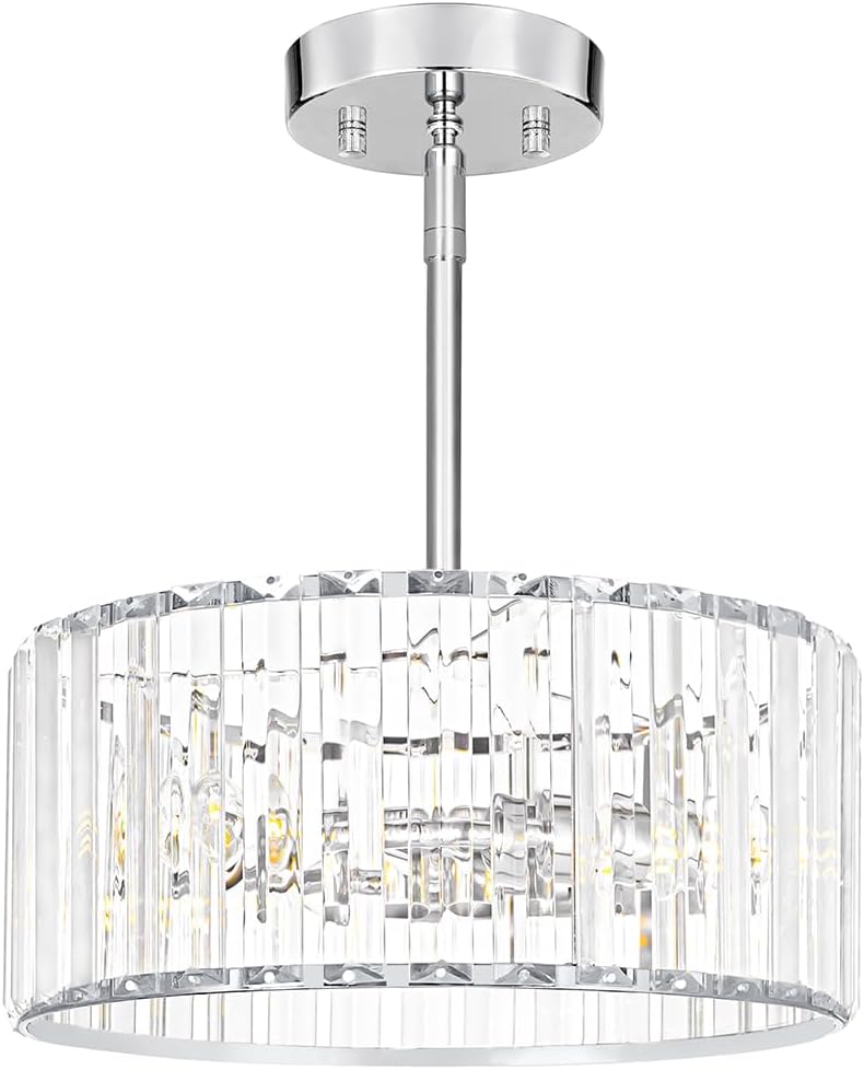 Modern Crystal Chandelier for Dining Room, Chrome Semi Flush Mount Ceiling Light Fixtures, Round Kitchen Hanging Drum Pendant Lights Ceiling, 12” Crystal Pendant Lighting for Foyer Bedroom Living Room