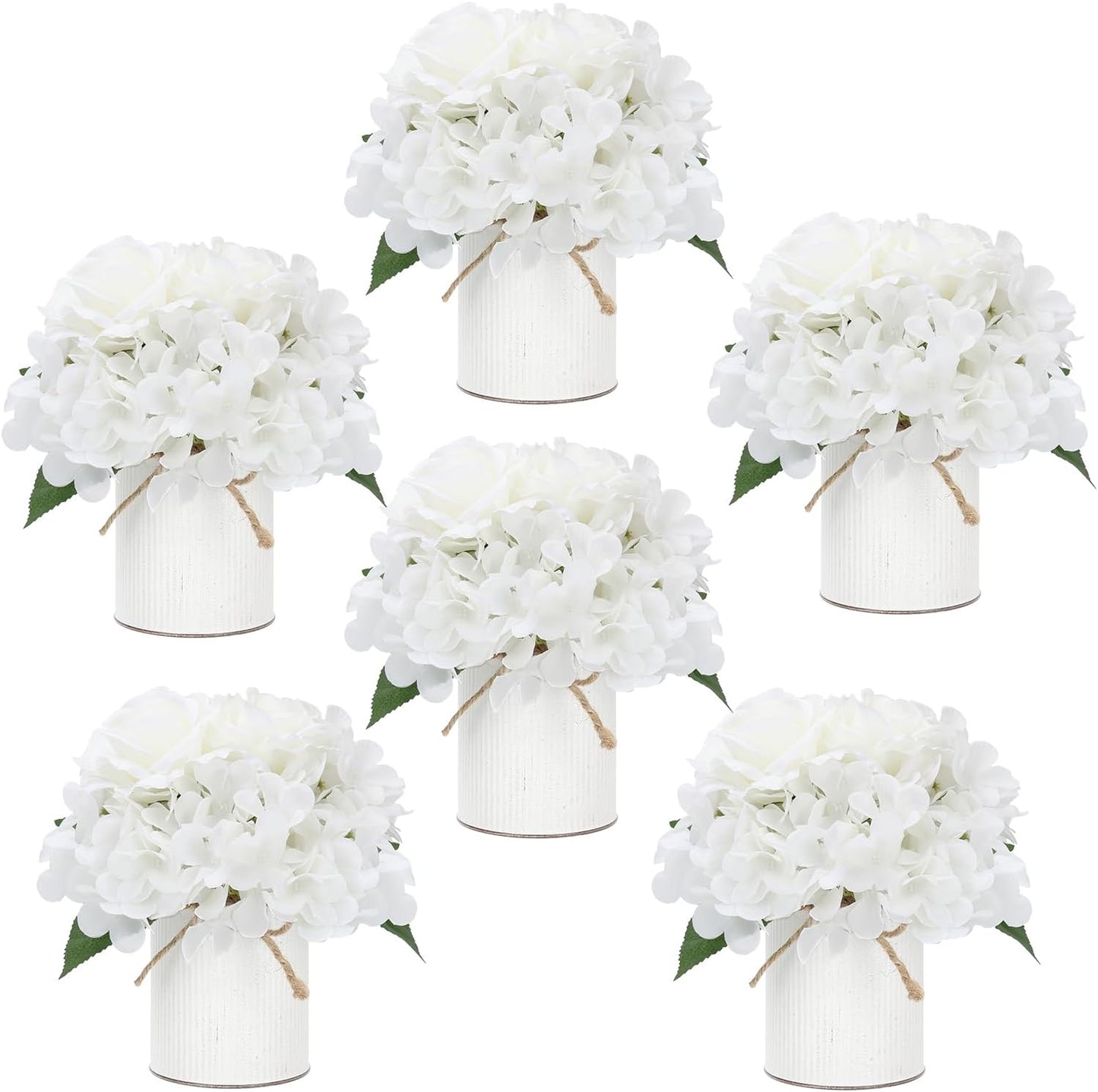 Flower Table Centerpieces - Set of 6 Floral Arrangement Artificial Wedding Hydrangeas Floral Arrangement with Rustic Metal Vase for Bridal Tea Party Event Decorations - White