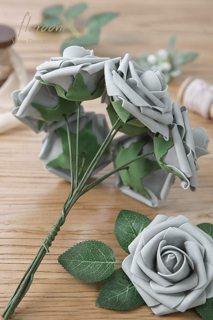 Floroom Artificial Flowers 25pcs Real Looking Silver Grey Foam Fake Roses with Stems for DIY Wedding Bouquets Bridal Shower Centerpieces Floral Arrangements Party Tables Home Decorations