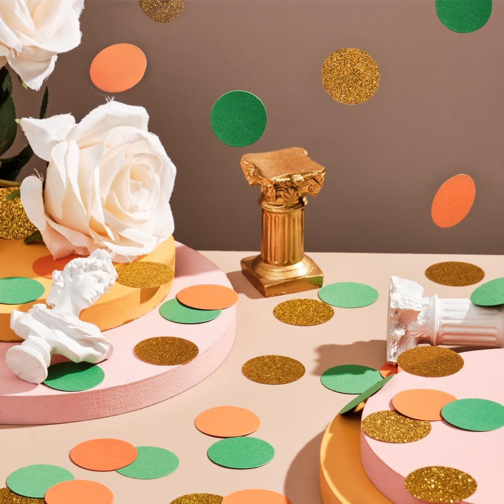 Gold Orange and Green Confetti Table Decoration for Baby Shower Jungle Tropical Summer Birthday Graduation Party, 1.2 inch in Diameter, 200 Counts