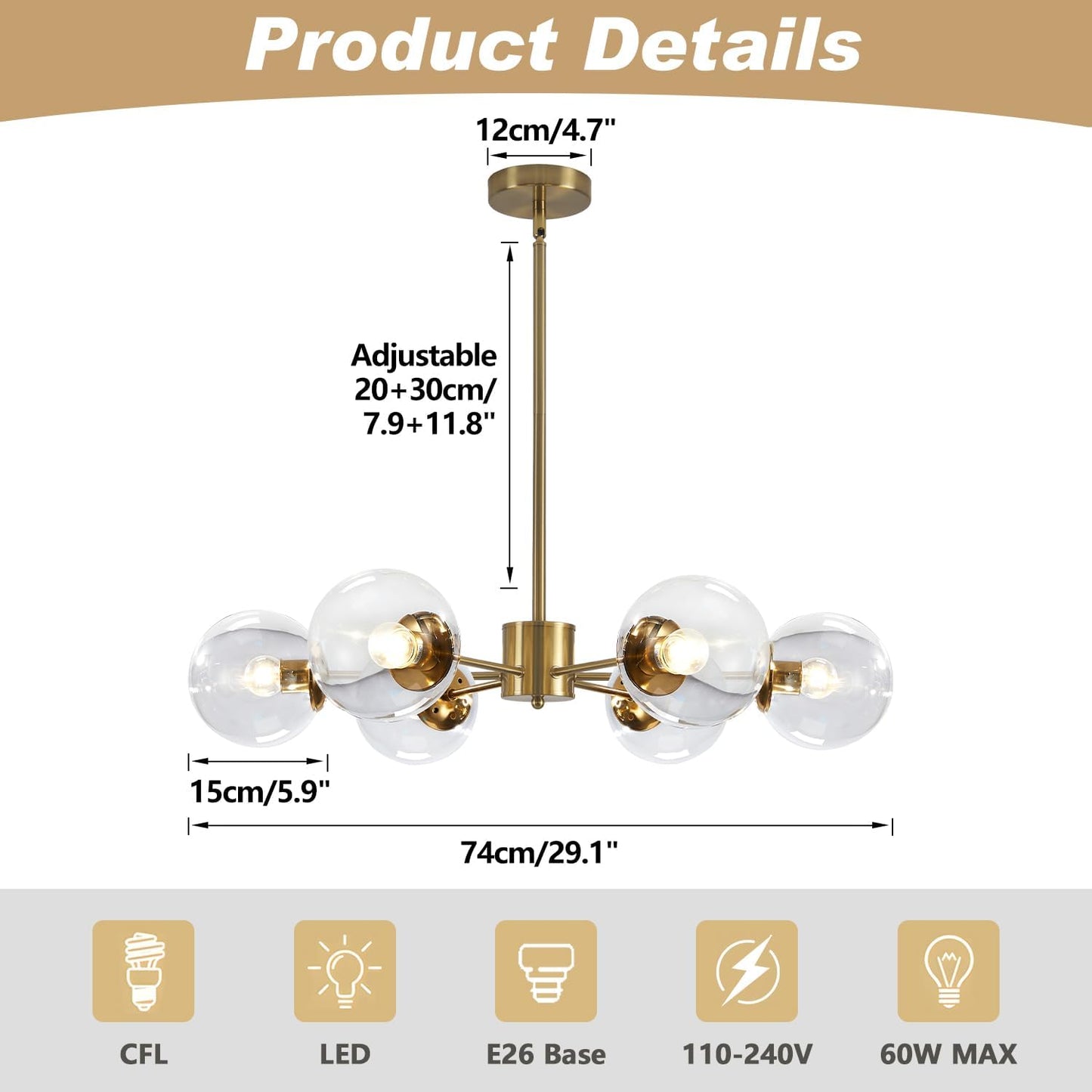 KCO Lighting Modern 6-Light Sputnik Chandelier with Clear Glass Globe Mid Century Adjustable Ceiling Pendant Light Gold Brass Flush Mounted Fixture