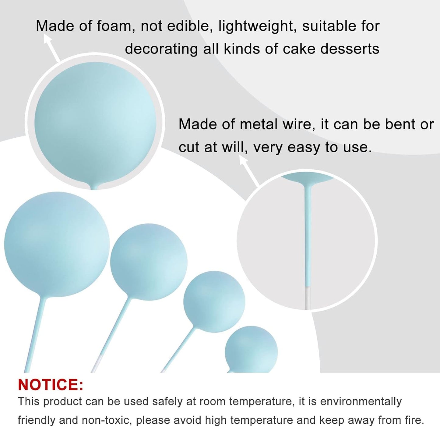 ASTARON Ball Cake Topper, 32 Pcs Foam & Wire Decorations, Mini Balloons Cake Topper Sticks, 4 Colors/Sizes for Wedding Party Birthday Cake Decorating