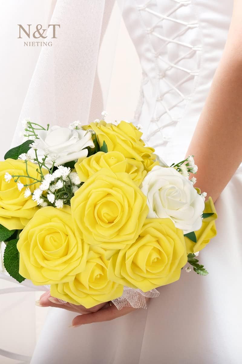 N&T NIETING Artificial Flowers Yellow Roses, 50 Pcs Fake Flowers Foam Roses Perfect for DIY Wedding Bouquets Centerpieces Bridal Baby Shower Party Home Flower Arrangement Spring Decorations