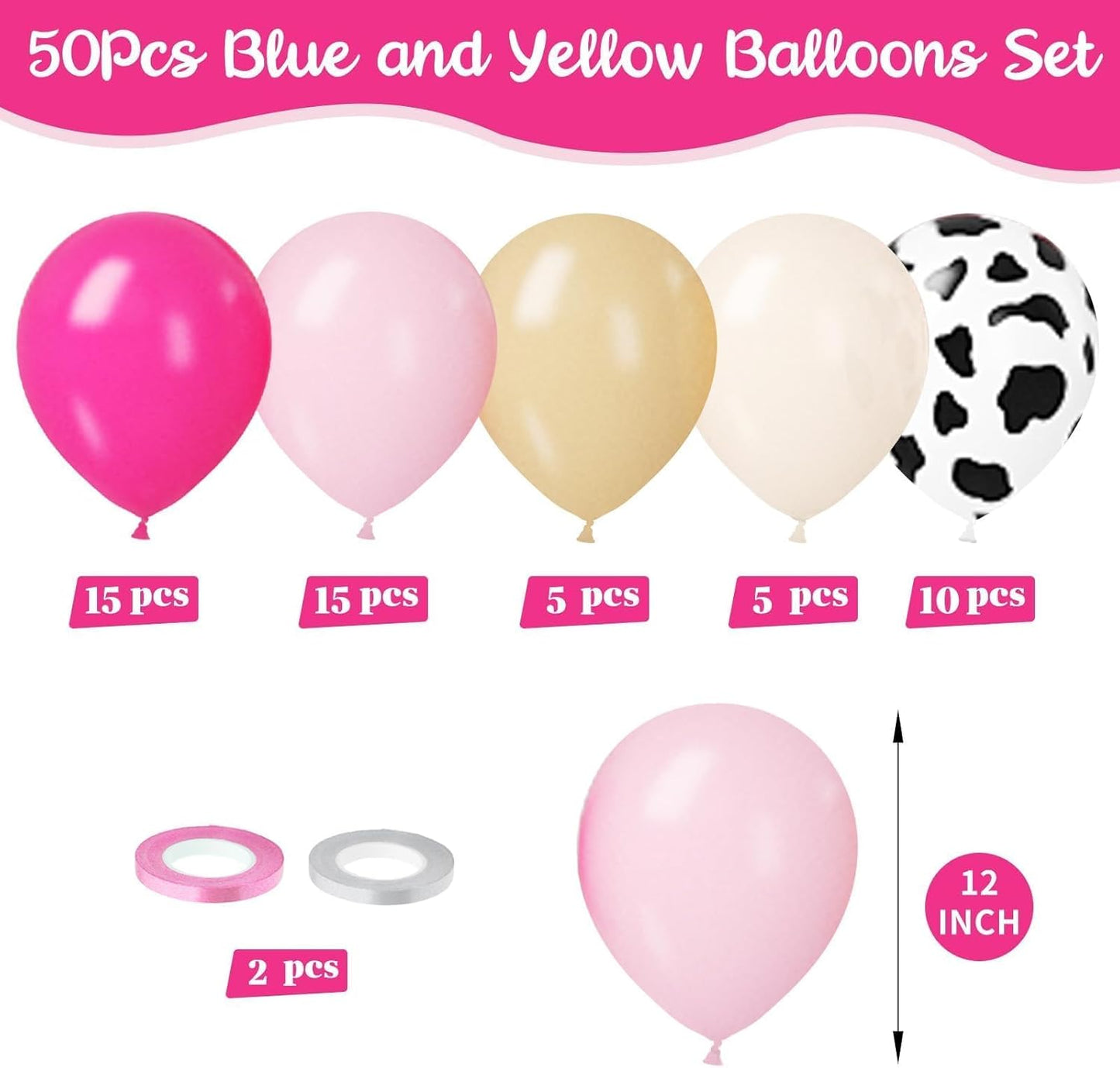 Paready Pink Cow Balloons Set - 50Pcs White Print, 12 Inch Hot Pastel Ivory Apricot for Farm Theme Birthday Cowgirl Baby Shower Supplies