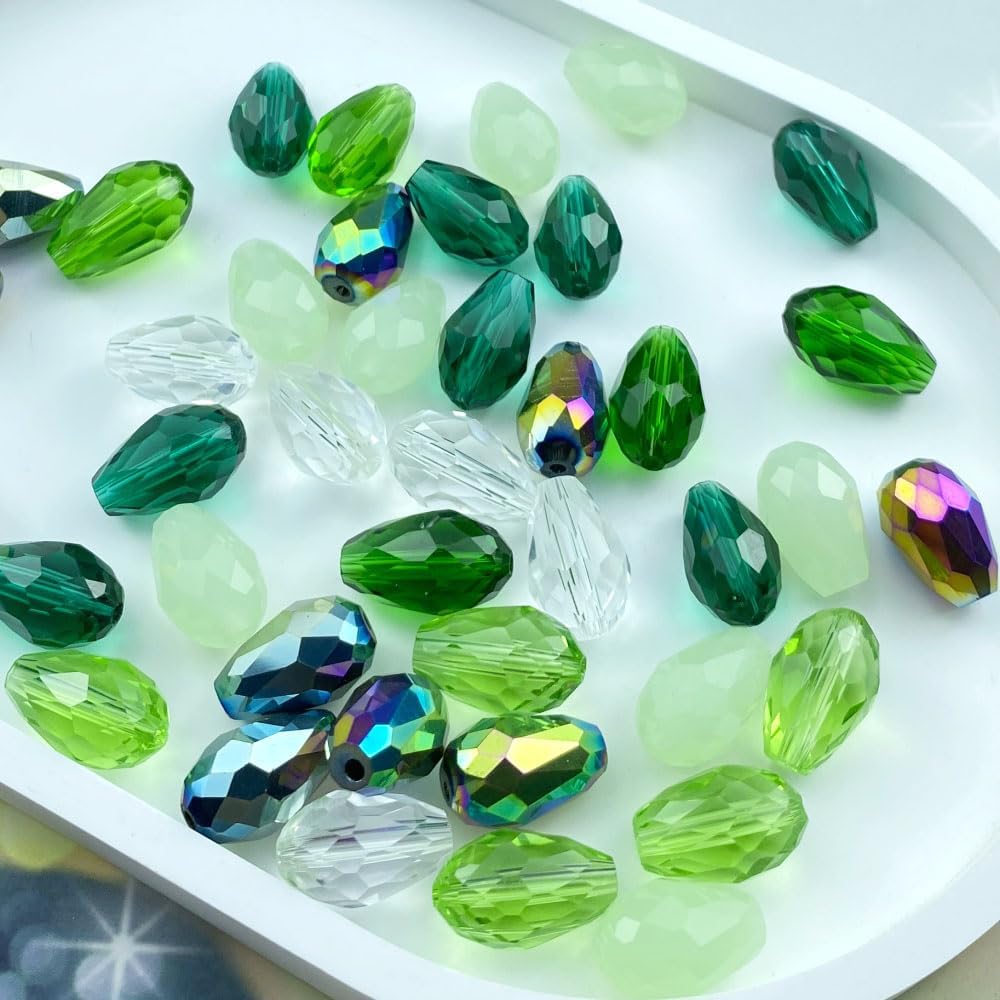 110pcs 6x8mm Teardrop Crystal Glass Beads Vertical Hole Faceted Loose Spacer Beads for DIY Craft Jewelry Making Necklace Bracelet Earring Wind Chimes(Green Series)