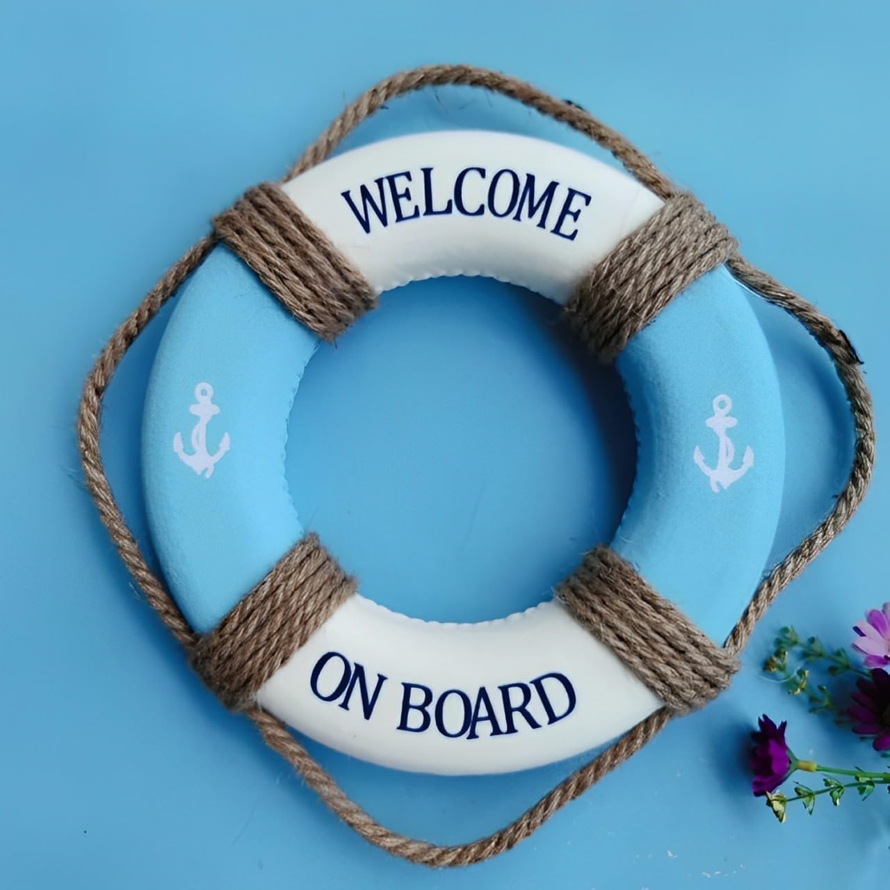 MorroMorn Lifebuoy Wall Hanging Decor - Welcome Aboard Mediterranean Style Home Decoration Hemp Rope (Blue, 14")