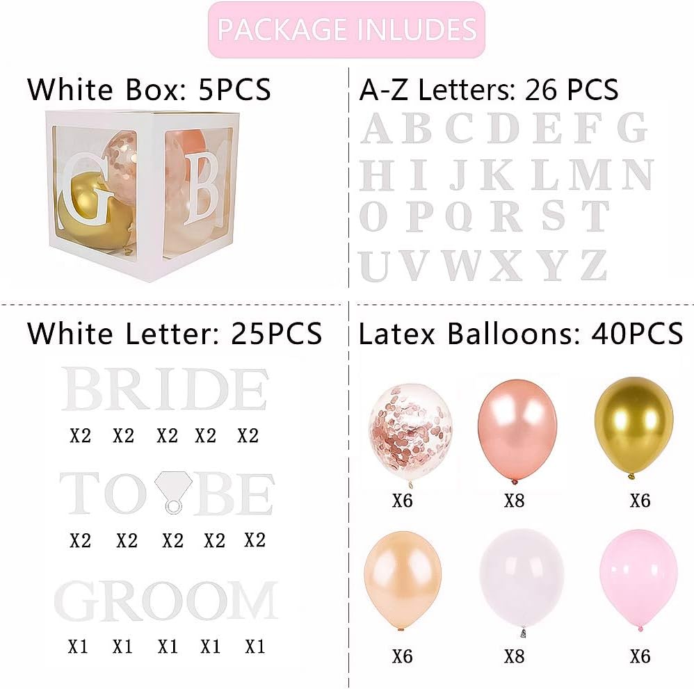 96 PC Bridal Shower Decorations Balloon Boxes White- Transparent Block with BRIDE TO BE + GROOM + A - Z Letters and 40 Balloons- Engagement Bachelorette Parties Weddings Centerpieces Photo Booth Props