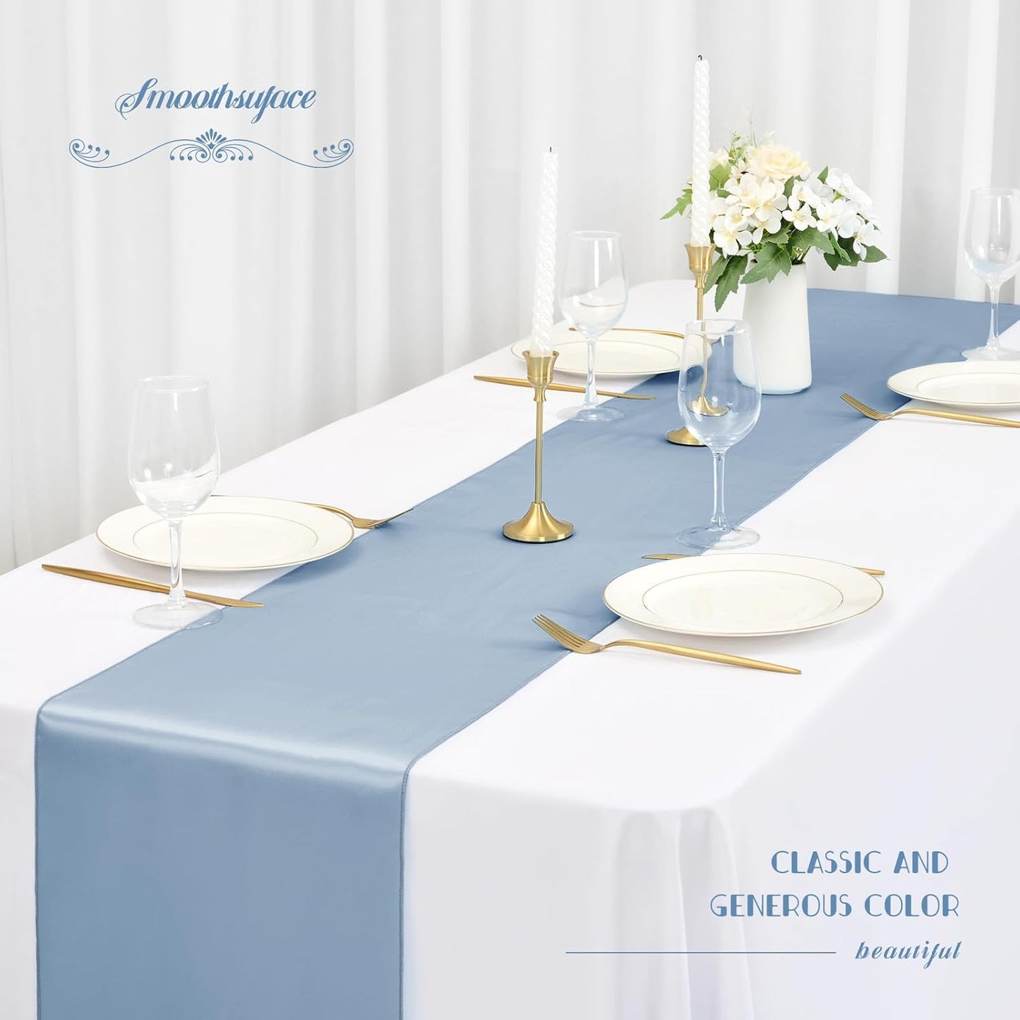 12 Pack Dusty Blue Satin Table Runner,12 x 108 inch Long Premium Smooth Table Runner for Wedding, Banquets, Birthday, Party, Graduation, Engagements,Table Runners fit Rectangle and Round Table