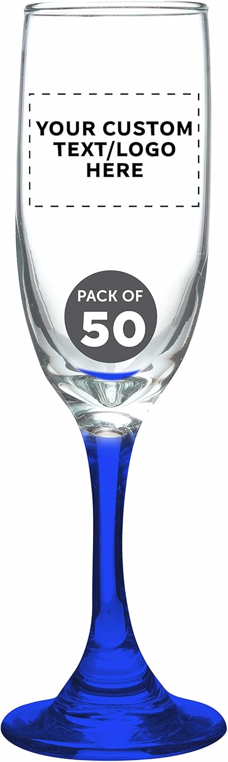 DISCOUNT PROMOS Custom Premiere Champagne Flutes 6.25 oz. Set of 50, Personalized Bulk Pack - Elegant Drinkware for Weddings, Events, & Promotional Gifts - Blue