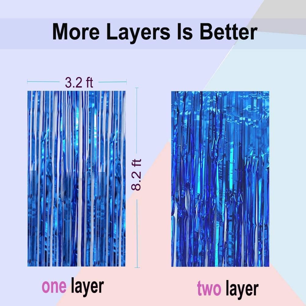 Blue Foil Fringe Curtain- 4 Pack of 3.2x8.2ft Blue Streamers Backdrop Curtains for Party Decorations