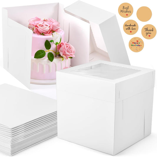 12Pcs Cake Boxes, 10x10x10 Inches Tall Cake Boxes with Window, White Disposable Tier Cake Containers for Pastries, Pie, Cookies, Chocolates, Cupcakes, Birthday Party, Wedding Bakery Boxes