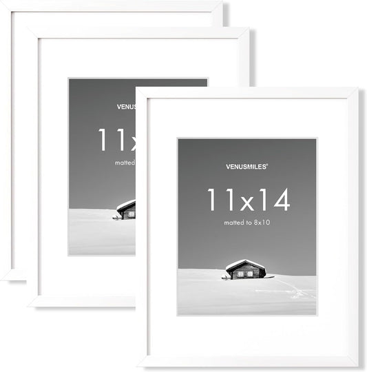11x14 inch Picture Frame, 11x14 Photo Frames with 8x10 Removable Mat - High Definition Plexiglass - Vertical and Horizontal Display - Wall Hanging Frame - White, 3 Pack