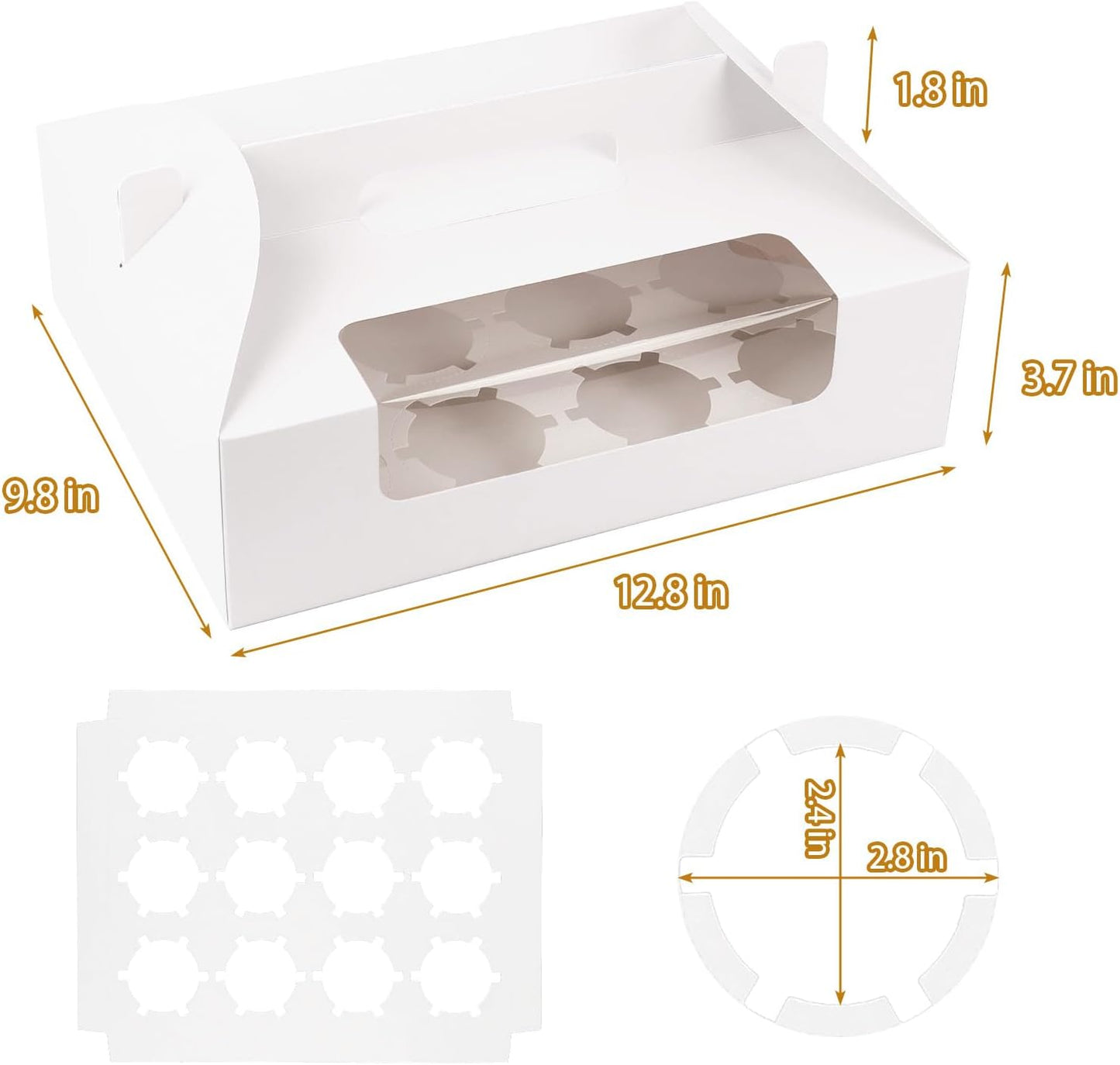White Cupcake Boxes 12 Count, 30 Pcs Cupcake Containers with Handle, Window, and Inserts – Holds 360 Standard Cupcakes, Food-Grade Gable Boxes for Muffins, Cakes, and Party Desserts